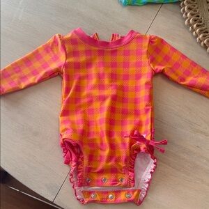 Ruffle Butts Pink and Orange Plaid Kids Swim Bodysuit
